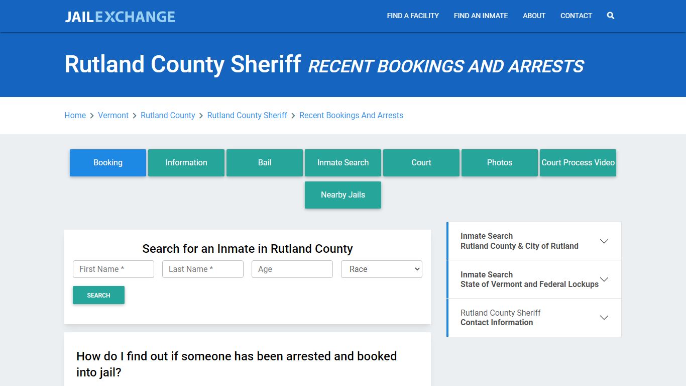 Rutland County Sheriff Recent Bookings And Arrests - Jail Exchange